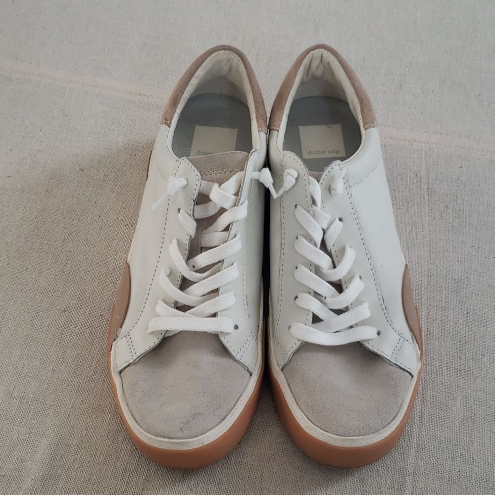 Dolce Vita Zina Sneaker Womens 7 Suede Leather Copper Cream Casual Shoe